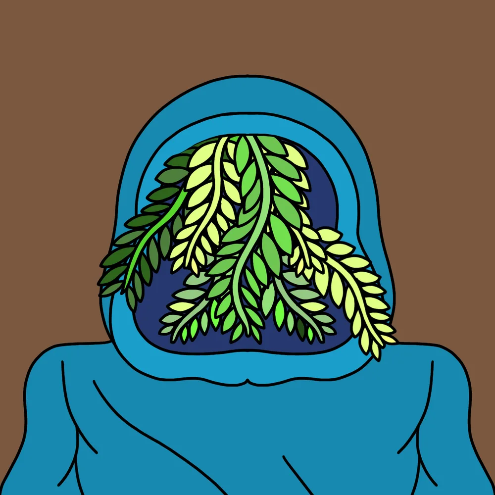 Plantface Blue Hoodie — Hedz No. 835, recovered original artwork by Matt Furie